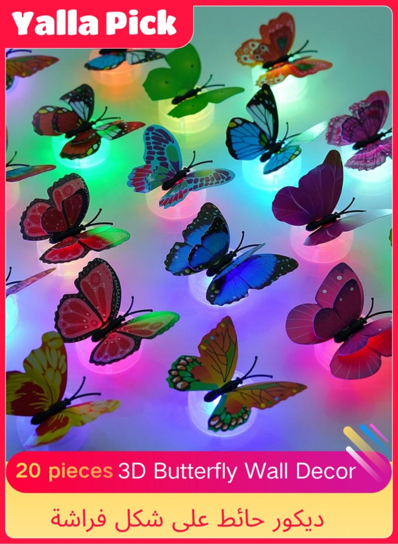 Yalla Pick 20PCS 3D Butterfly Wall Decor with Glowing Lights, Peel and Stick Glowing Night Light for Bedroom Walls, DIY Party Birthday Wedding Decoration - Image 1